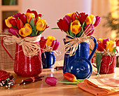 Tulipa (bunte Tulpen) in roter und blauer Emaillekanne