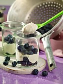 Two glasses of mascarpone cream with blueberries