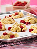 Raspberry drop scones on a baking tray