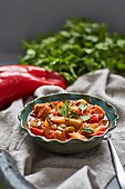 Lecsó (thick Hungarian vegetable ragout) with peppers, tomatoes and parsley