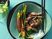 Beef with green beans, eggplant and Szechuan peppers in a wok