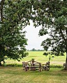 Rustic garden benches on lawn with view of Frisian landscape