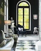 Chequered marble floor and white Panton S chairs