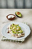 Focaccia with cottage cheese, avocado and balsamic vinegar
