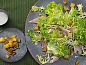 Smoked trout on a green salad with potato croutons and horseradish sauce