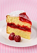 A piece of raspberry cake with jam