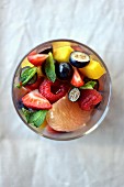 Fruit salad with a basil and mint citrus syrup