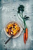 Pumpkin and carrot puree, carrot chips, roasted almonds, carrots, fresh thyme