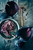 Red cabbage leaves and strips on a plate
