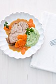 Veal pot roast with carrots and a herb puree
