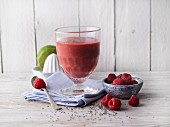 Strawberry smoothie with beetroot, mango and chia seeds