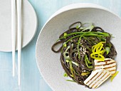 Soba noodle salad with grilled tofu, sesame dressing and radishes