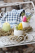 Tulips in egg shells and egg-shaped candles in straw Easter nests