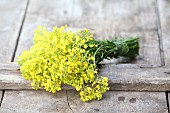 Bunch of rapeseed flowers on wooden boards