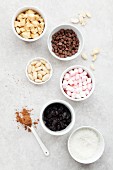 Ingredients for rocky road slices with rice crispies and dried cherries