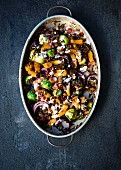 Roasted sweet pumpkins, brussels sprouts flavored with spices and tossed with wild rice topped with bacon bits and a lemon creme fraiche dressing