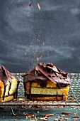 Mini layered cakes with marzipan and apricot jam