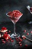 Pomegranate sorbet in a long srem glass with fresh pomegranate seeds