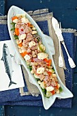 White bean, rocket, carrot, potatoes and tuna salad with mayo