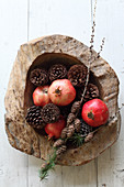 Pine cones and pomegranates in rustic wooden bowl seen from above