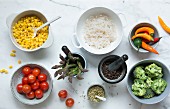 Ingredients for low-carb Shirataki noodle dishes