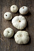 White pumpkins on a rustic wooden background