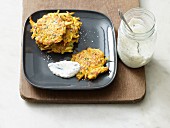 Sweet potato and carrot rosti cakes with herb and yoghurt dip
