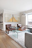 Arc lamp and glass table in elegant lounge area