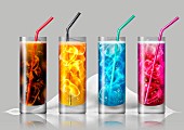 Row of brightly colored fizzy drinks in front of pile of sugar