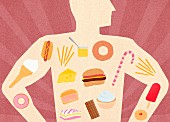Auswahl von ungesunden Lebensmitteln in dem Körper eines Mannes