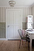 Sewing area in room with panelled walls and striped wallpaper