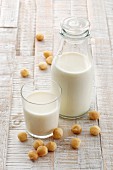 Macadamia-Milch in Flasche und Glas