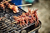 Calamari pieces on a grill in a street kitchen