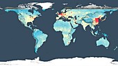 Global nitrogen dioxide levels for 2014, satellite map