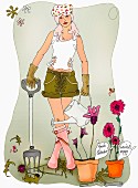 Young woman gardening with garden fork and watering can