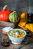 Pumpkin soup with turkey meatballs and pearl barley