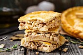 Delicious homemade pie stuffed with chicken and eggs