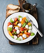 Italian Caprese salad with cherry tomatoes, small mozzarella and fresh basil in white enamel plate