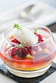 Mixed fruit berry and cream dessert from a fine dining restaurant