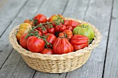 Various types of tomatoes in a basket