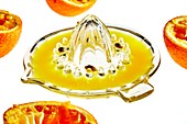 Orange halves and glass juicer