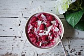 Coconut chia pudding with raspberry sauce, coconut flakes and cacao nibs in a bowl