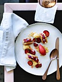 Rhubarb tart with strawberry sorbet and tarragon cream