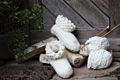 weiße, handgefertigte Filzpantoffeln und Strickzeug vor rustikaler Holztür