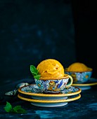 Homemade Mango Sorbet with Mint Leaves