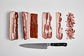 Pork belly bacon cut into slices and diced (step by step)