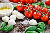 Cherry tomatoes, basil leaves, mozzarella cheese and olive oil for caprese salad