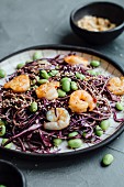 Noodles with red cabbage, prawns, edamame and sesame (Asia)