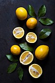 Zitronen, ganz und halbiert mit Blättern auf schwarzem Untergrund