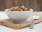 A breakfast of healthy granola, served in a bowl